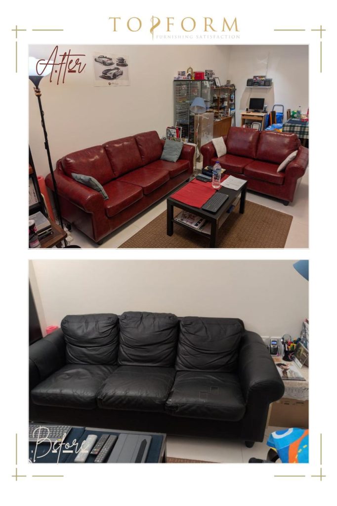 Leather sofa upholstery with restored cushions and polished look