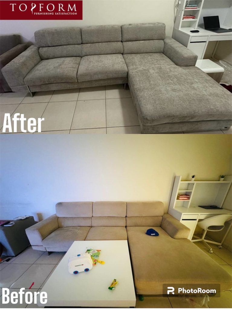 Sofa upholstery before and after transformation with new fabric finish