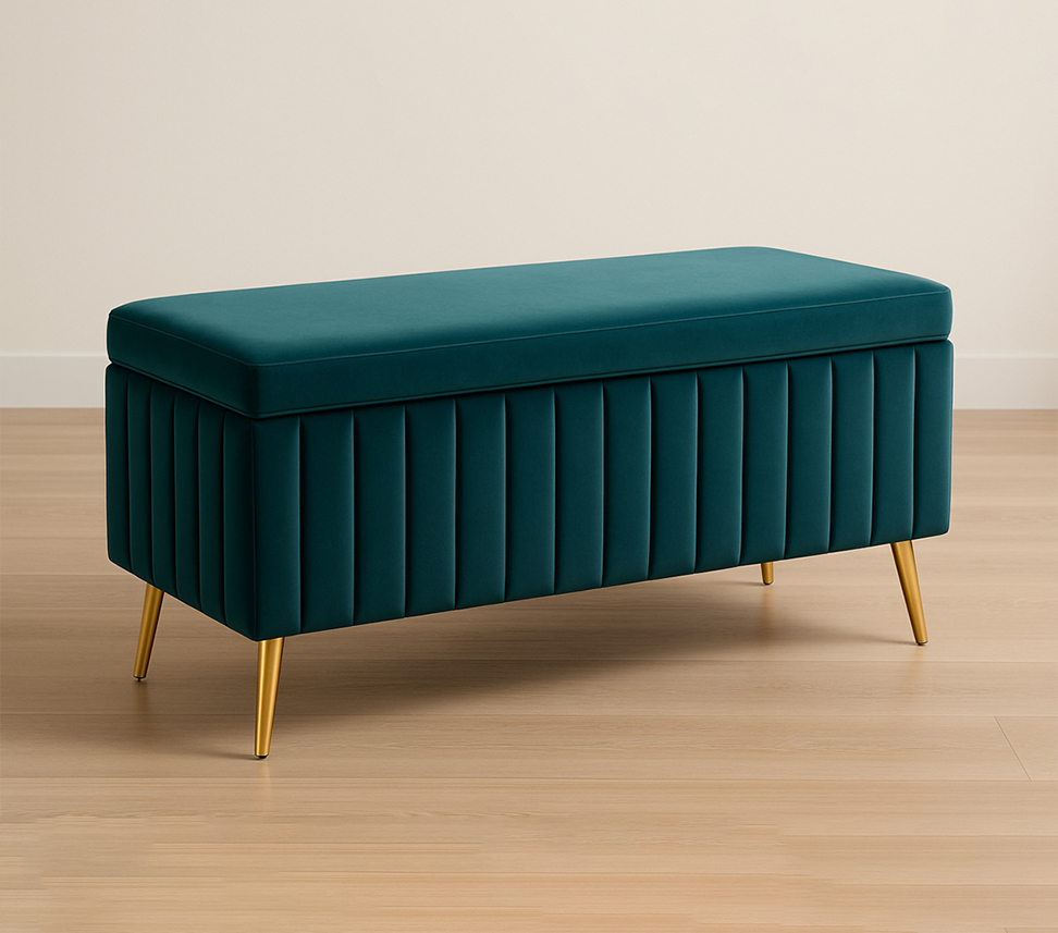 Elegant teal custom made ottoman with gold legs.