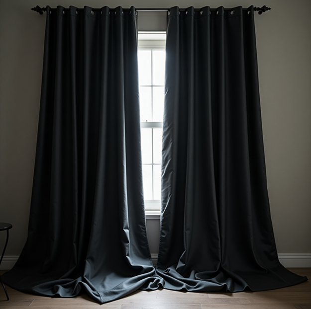 Blackout curtains in Dubai bedroom with full light-blocking coverage for privacy and comfort.