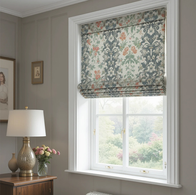 Roman blinds in Dubai home with soft fabric folds for a luxury interior look.