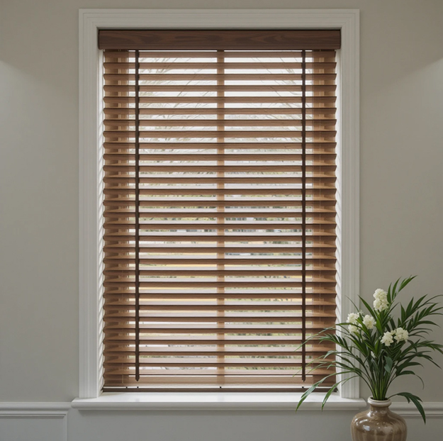 Wooden Venetian blinds in Dubai home providing adjustable light and privacy.