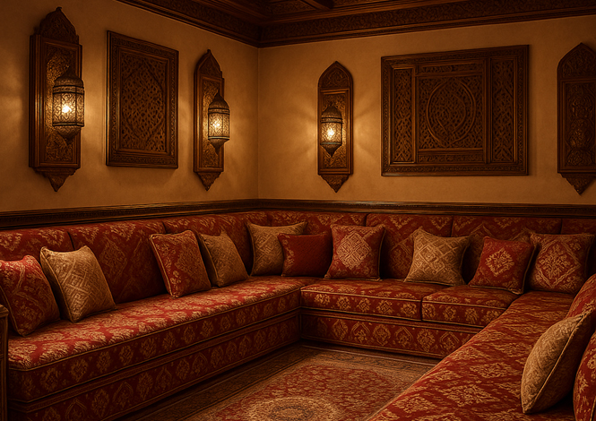 Luxurious Arabic majlis with rich fabric and detailing – Majlis Upholstery in Dubai