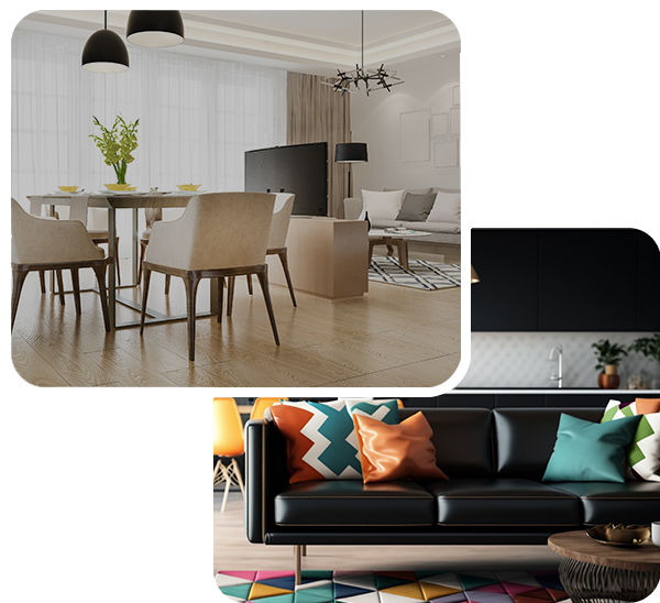 Modern dining room set with upholstered chairs and a black leather sofa with colorful cushions – Furniture Upholstery in Dubai by Topform