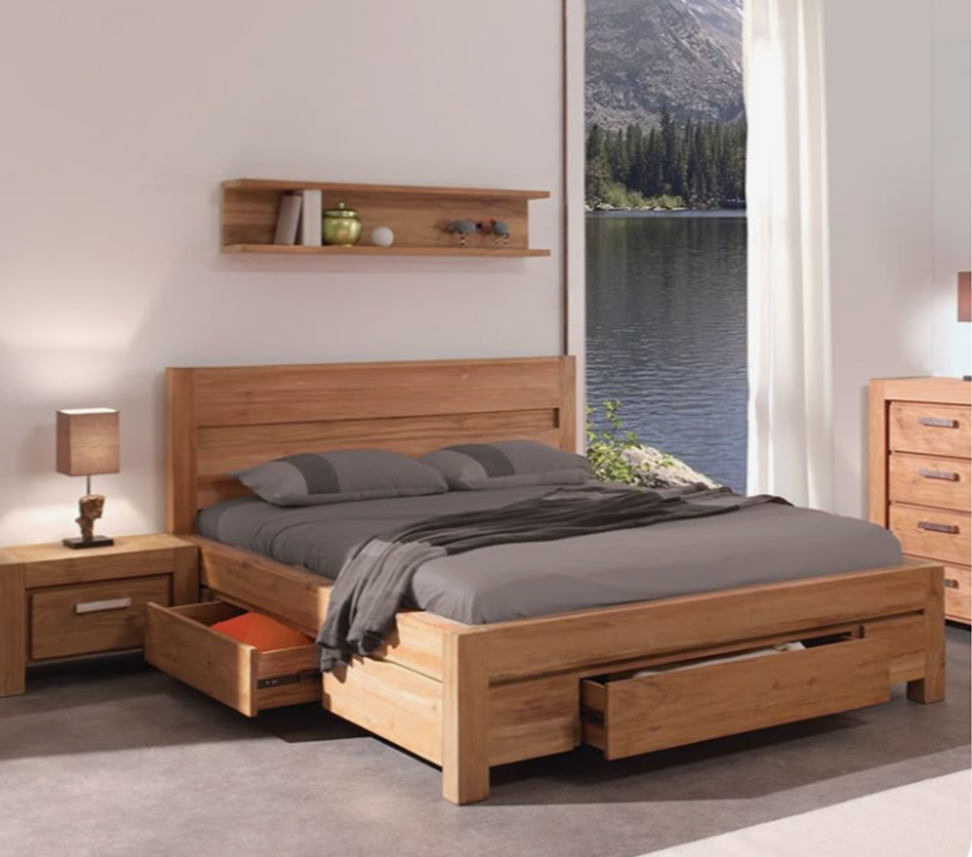 Complete custom made bedroom furniture set with bed, side table, and storage.