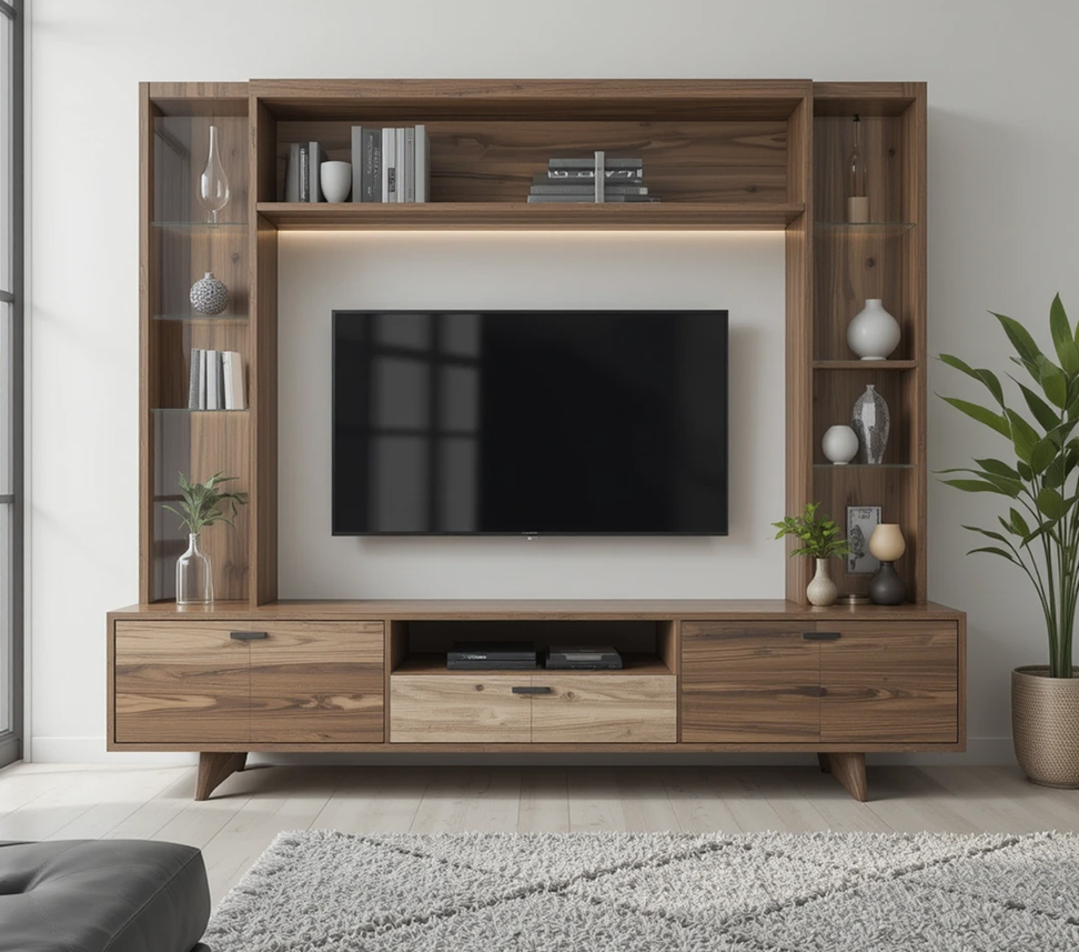Wooden custom made TV cabinet with storage drawers and open shelves
