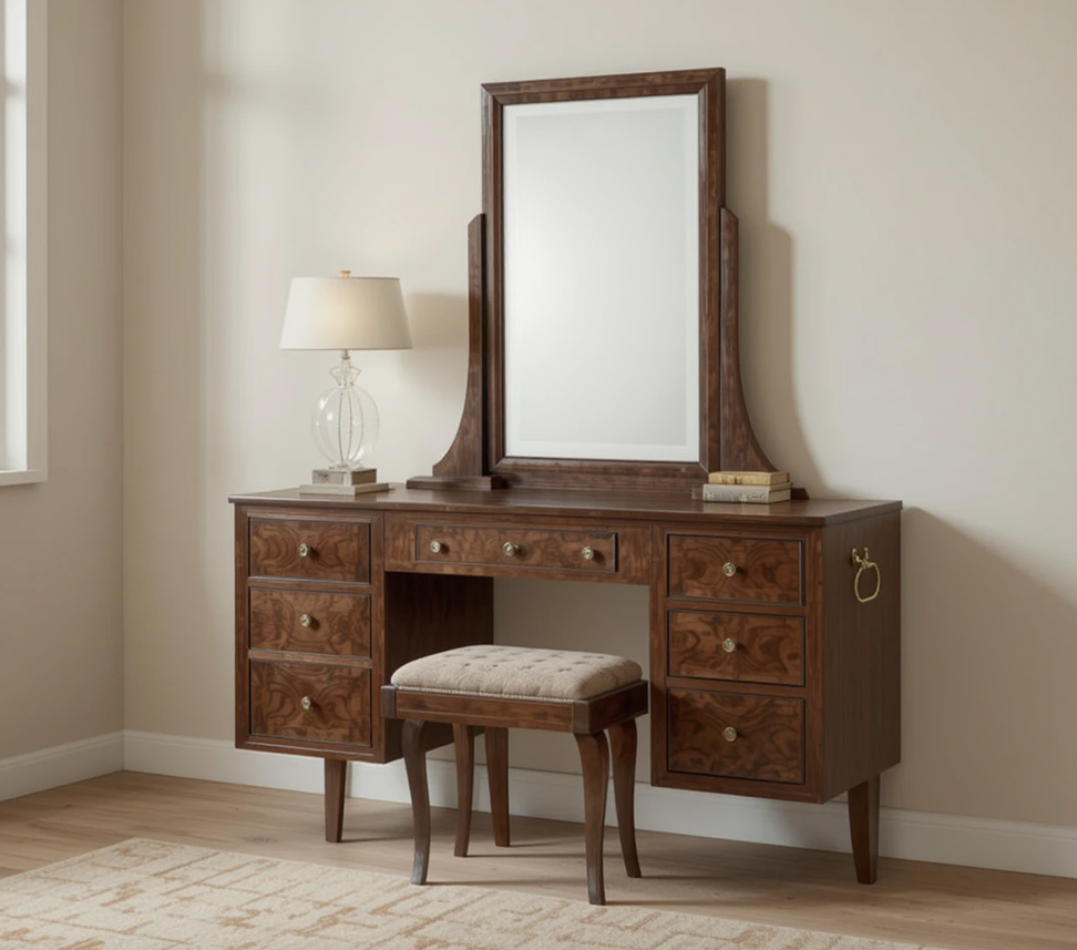 Classic wooden custom made dressing table with mirror and drawers.