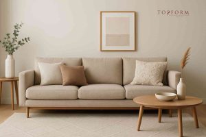 Elegant beige sofa with matching cushions in a modern living room, styled with wooden furniture and neutral decor — Topform Furnishing