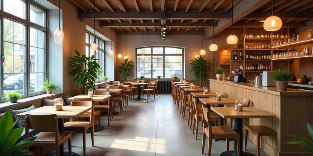 Modern indoor café in Dubai with wooden furniture, warm lighting, and large windows creating a cozy and inviting atmosphere