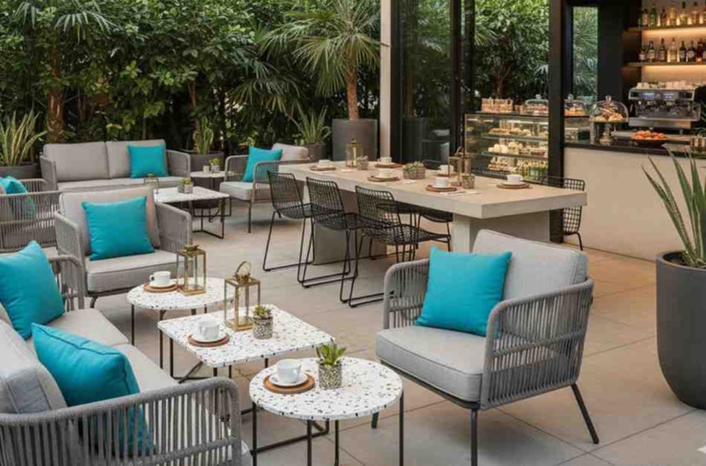 Modern outdoor cafe in Dubai with grey wicker furniture, turquoise cushions, and lush greenery creating a stylish and relaxing dining atmosphere