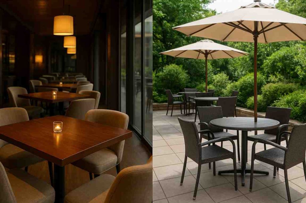 Indoor and outdoor restaurant furniture setup showing cozy indoor dining tables with candles and outdoor patio seating with umbrellas surrounded by greenery.