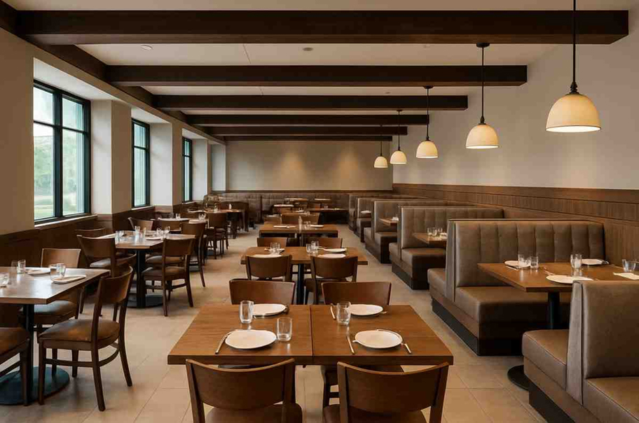 Modern restaurant interior with wooden tables, brown leather booths, and warm pendant lighting.