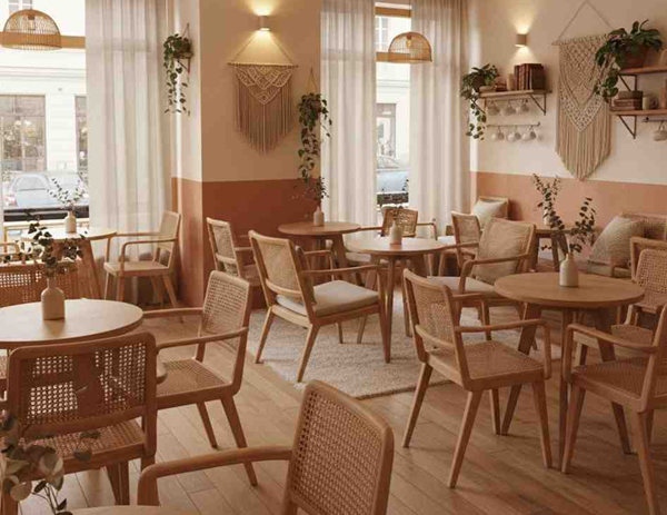 Cozy cafe interior with wooden tables, rattan chairs, warm lighting, and natural boho-style decor.