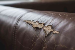 Close-up of peeling and cracked brown leather restaurant sofa showing worn and damaged upholstery