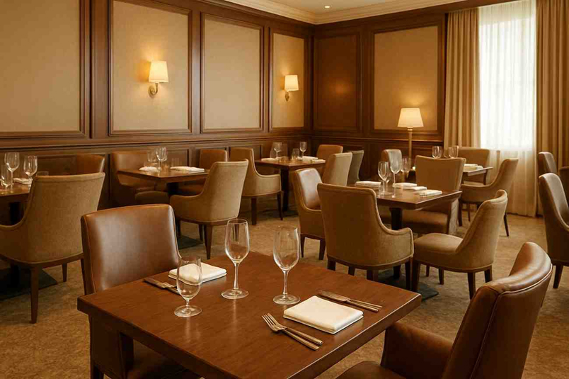 Elegant fine dining restaurant interior with wooden tables, leather chairs, and warm ambient lighting.