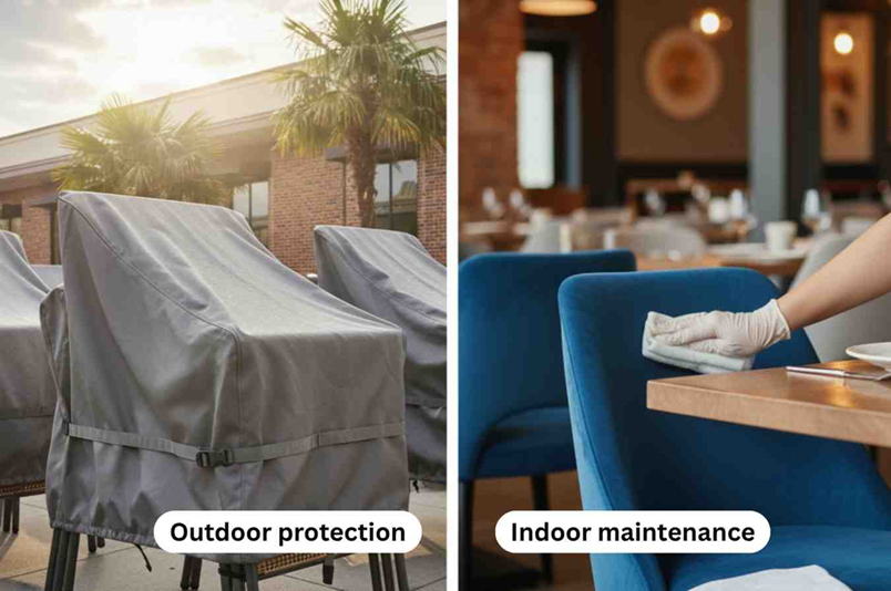 Outdoor chairs covered for weather protection and indoor restaurant staff cleaning blue upholstered chairs for maintenance.