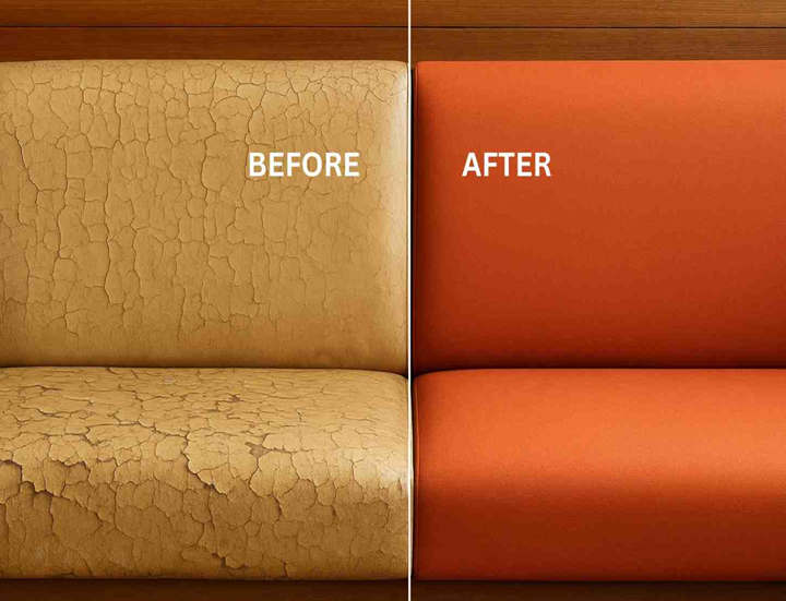 Before and after comparison of restaurant sofa showing cracked upholstery repaired with new smooth orange fabric.