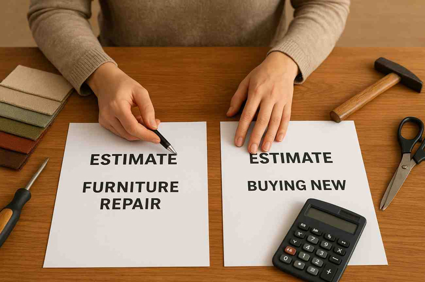Person comparing cost estimates for furniture repair and buying new furniture, with fabric samples, calculator, and tools on a wooden table.