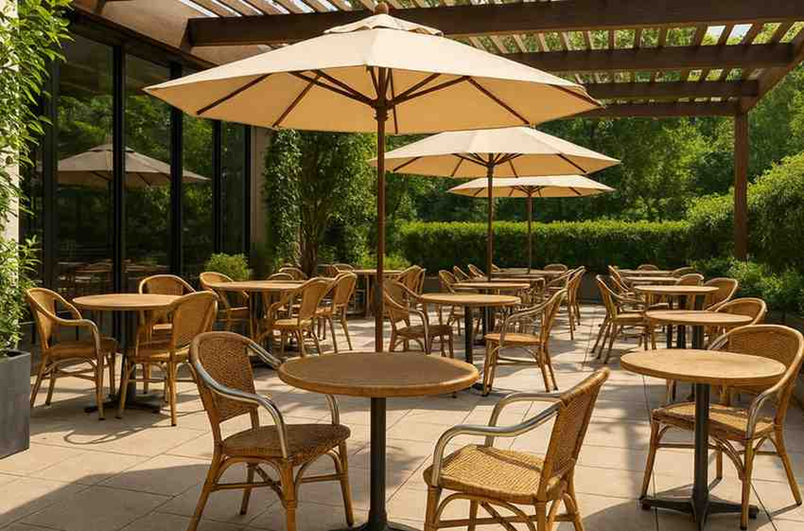 Outdoor restaurant seating area with wooden tables, wicker chairs, and large patio umbrellas surrounded by greenery.