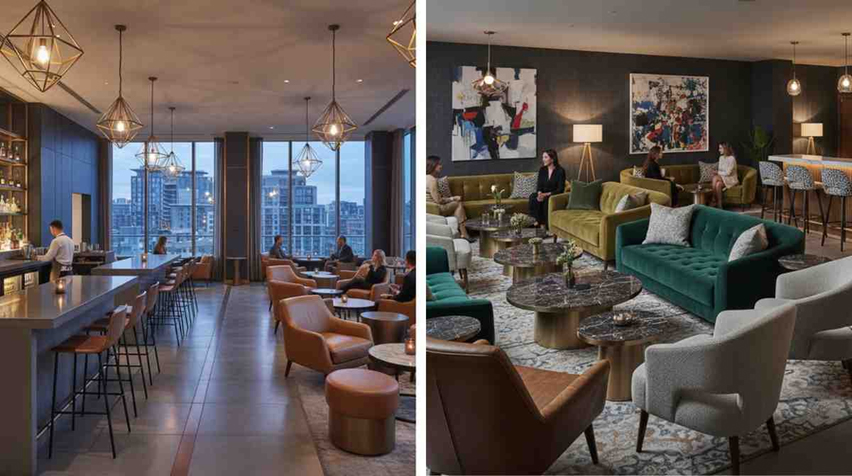 Contemporary restaurant furniture setup featuring upholstered chairs, marble tables, and luxury lounge seating.