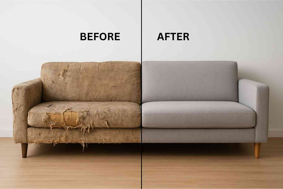 Before and after comparison of a sofa showing transformation from torn, worn-out fabric to a newly upholstered, modern grey finish