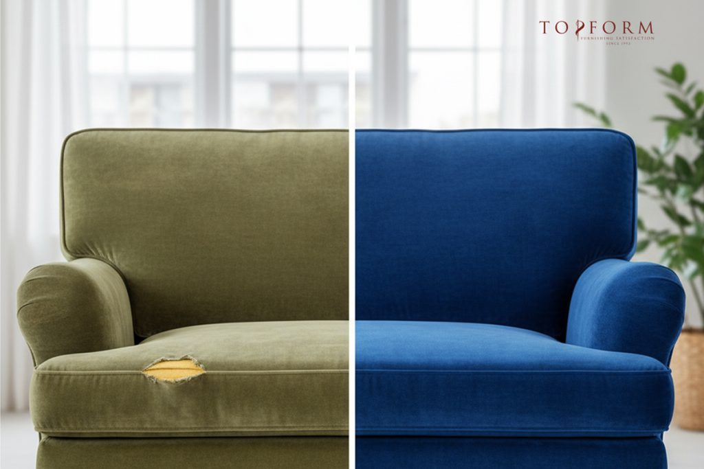 Before and after sofa reupholstery showing transformation from a worn-out green fabric to a fresh blue finish by Topform Furnishing