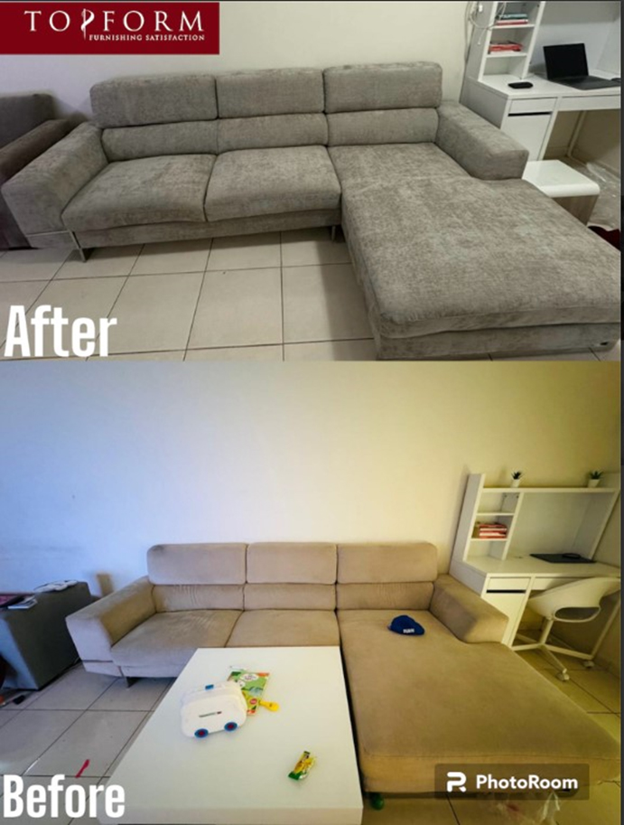 Before and after sofa upholstery transformation by Topform in Dubai showing upgraded fabric and refreshed modern look.