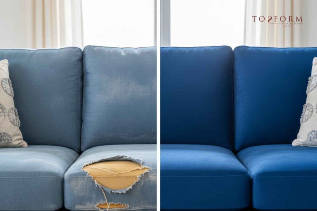 Comparison of a worn-out sofa cushion before and after reupholstery, showing transformation from torn fabric to a fresh, new blue finish by Topform Furnishing.