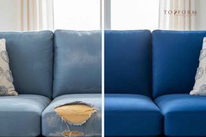 Comparison of a worn-out sofa cushion before and after reupholstery, showing transformation from torn fabric to a fresh, new blue finish by Topform Furnishing.