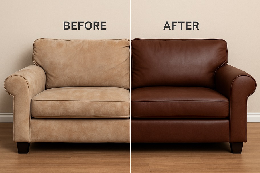 Before and after sofa upholstery restoration showing fabric fading repair and leather reupholstery transformation for furniture care