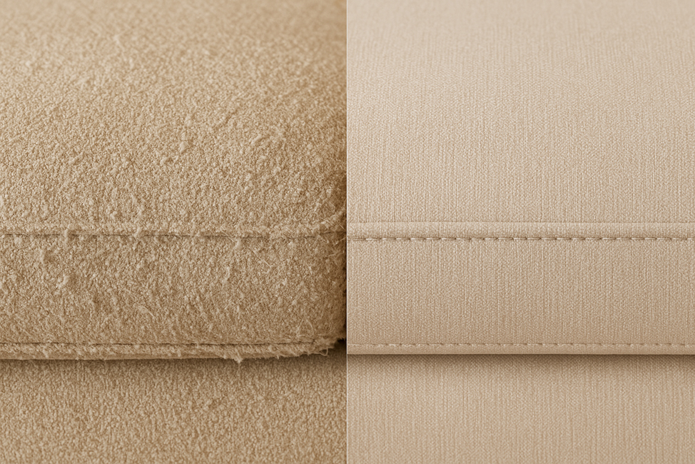 Before and after close-up of sofa fabric showing repair of pilling and fraying through professional upholstery cleaning and maintenance