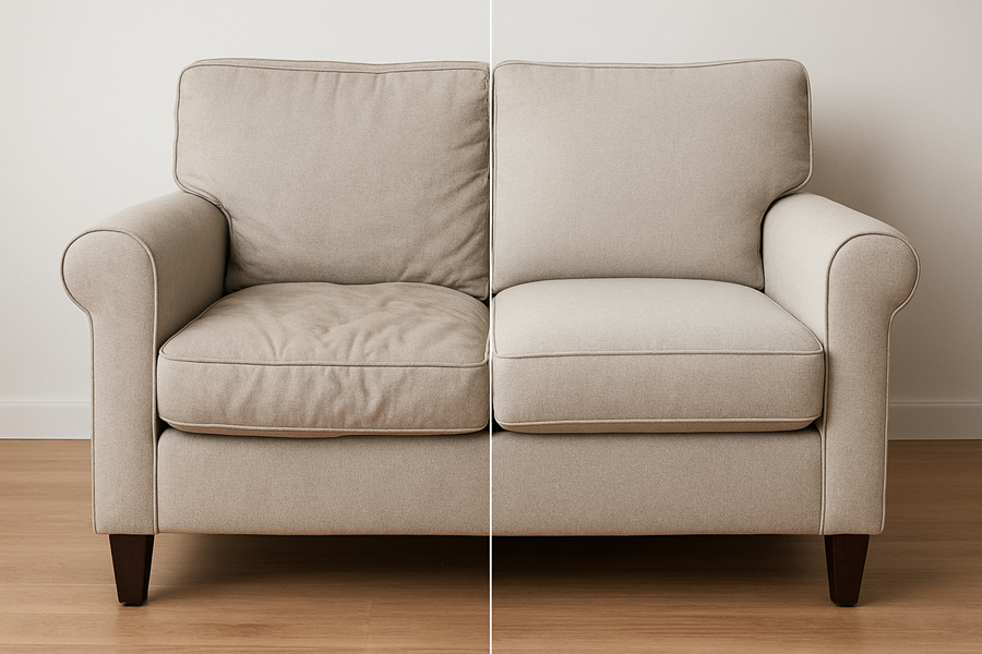 Before and after image of sofa cushion restoration showing sagging seat repaired through professional upholstery services.