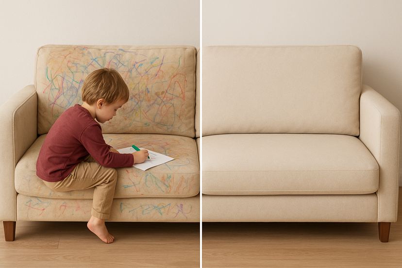 Before and after sofa cleaning showing removal of crayon stains made by a child, highlighting professional upholstery stain removal results.