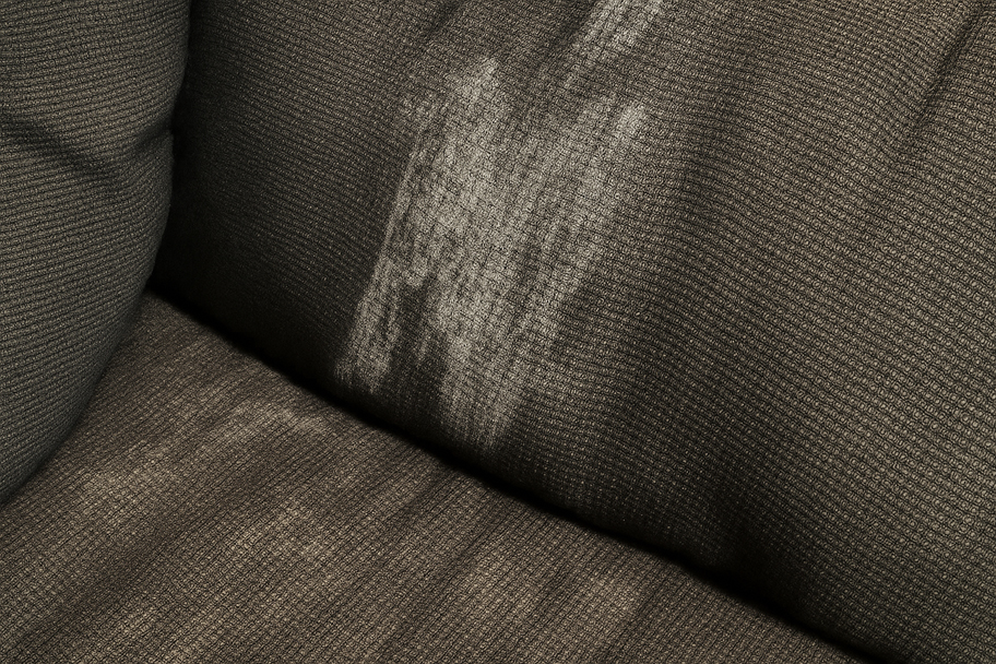 Close-up of sofa fabric showing mold and discoloration from moisture damage, highlighting the need for upholstery cleaning and maintenance.