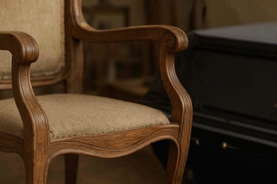 Close-up of a classic wooden armchair with beige upholstery, highlighting the texture and craftsmanship of vintage furniture