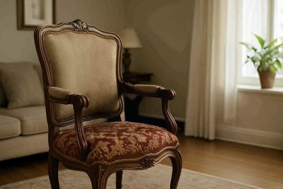 Elegant vintage armchair with ornate wooden frame and patterned upholstery placed in a cozy living room near a window.