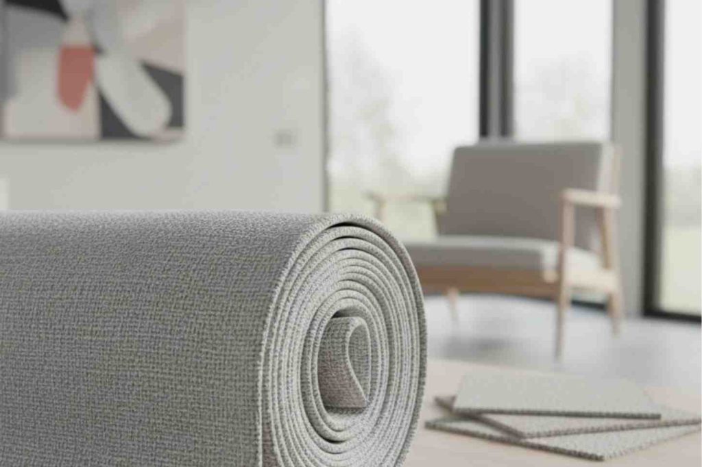 Close-up of a rolled grey upholstery fabric with sample swatches, placed in a modern living room featuring a fabric armchair in the background