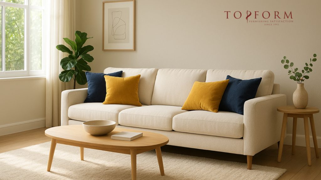 Modern living room with a beige fabric sofa decorated with mustard yellow and navy blue cushions, wooden coffee table, and indoor plants — styled by Topform Furnishing
