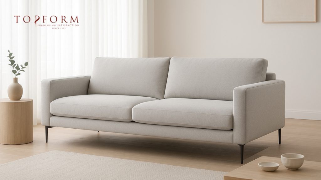 Minimalist living room with a light grey upholstered sofa, neutral decor, and wooden side table — elegant interior styling by Topform Furnishing