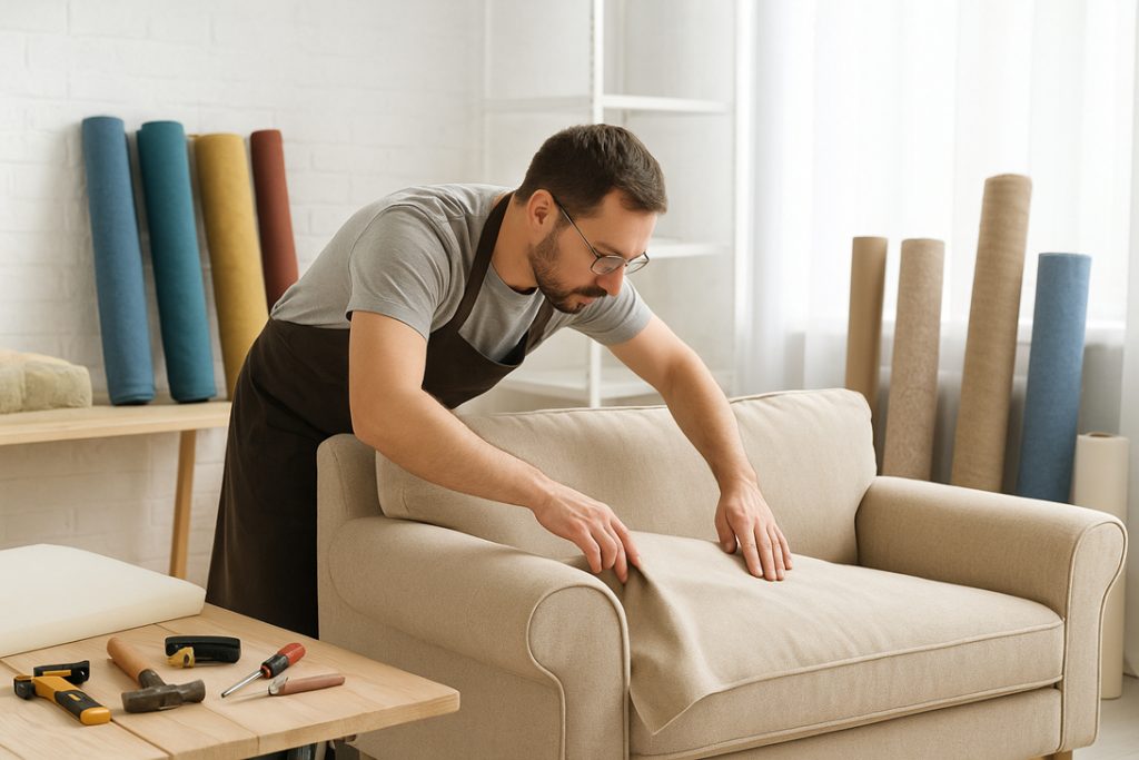 Man upholstering a beige armchair with fabric in a workshop surrounded by tools and fabric rolls