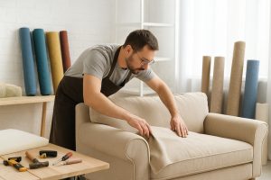 Man upholstering a beige armchair with fabric in a workshop surrounded by tools and fabric rolls