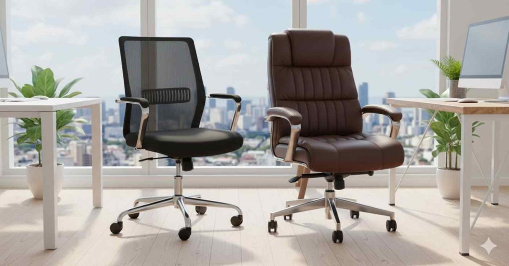 Mesh office chair and leather office chair side by side in a modern workspace with desks and city view.