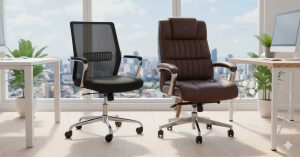 Mesh office chair and leather office chair side by side in a modern workspace with desks and city view.