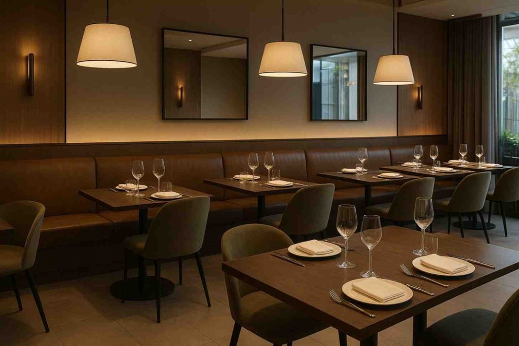 Modern restaurant interior with neatly set tables, elegant lighting, and cozy seating.