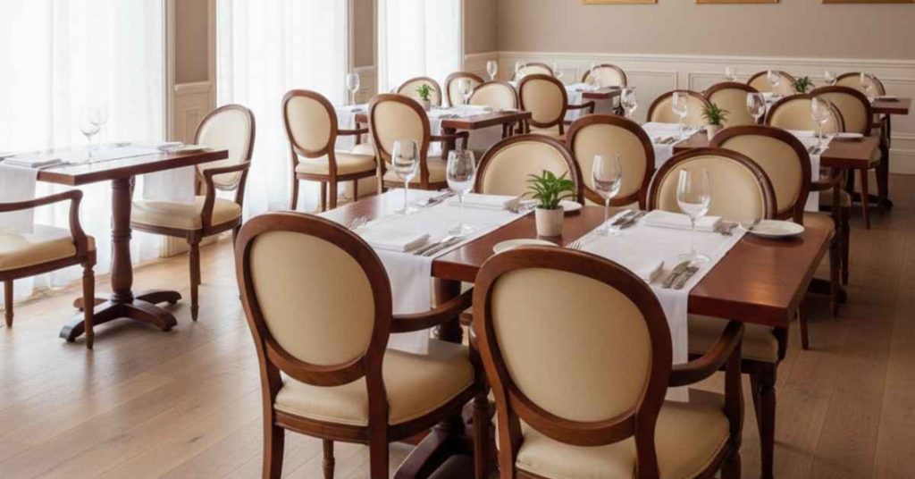 Elegant indoor restaurant setup with classic wooden dining tables, cushioned chairs, white table runners, glassware, and small potted plants.