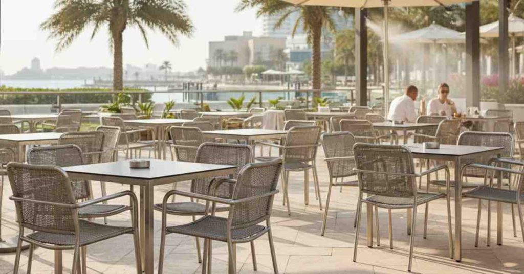 Outdoor restaurant seating area with metal tables and chairs, overlooking a waterfront view lined with palm trees and city buildings.
