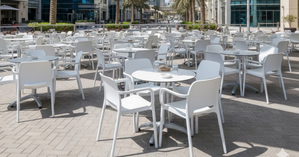 Outdoor cafe seating area with white plastic tables and chairs arranged on a paved patio in a modern urban setting.