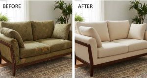 Before and after comparison of a worn-out sofa restored through reupholstery