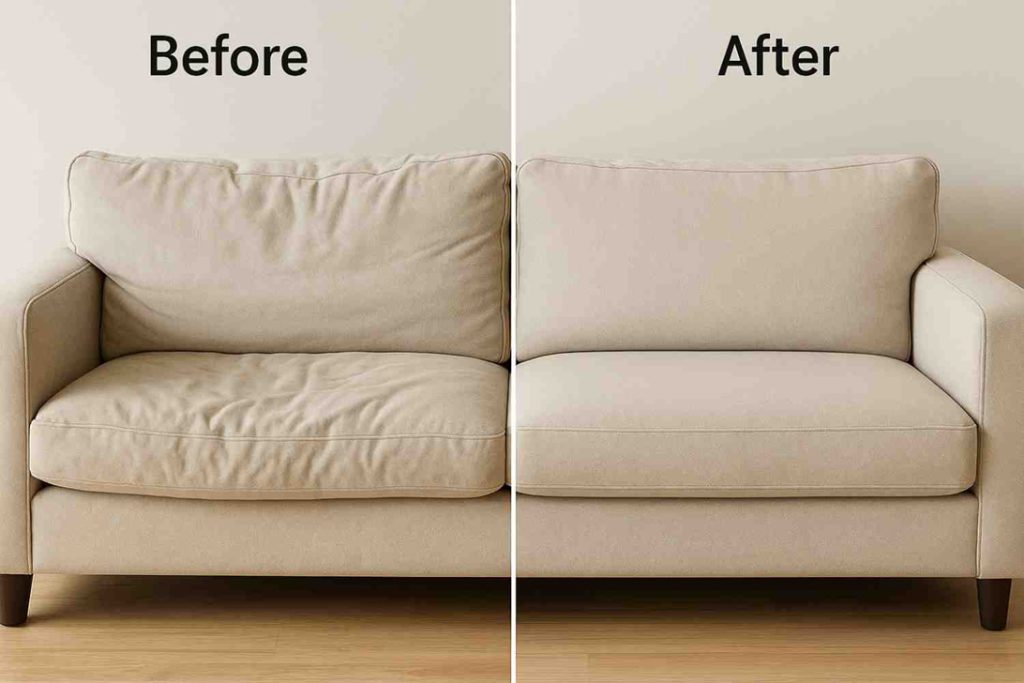 Before-and-after comparison of a beige sofa showing sagging cushions on the left and a firm, well-shaped reupholstered sofa on the right.