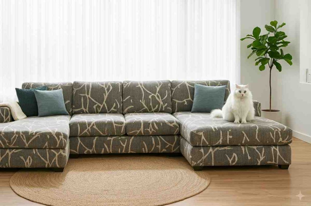 Pet- and kid-friendly sectional sofa in a Dubai home, showing durable fabric that resists stains, scratches, and pet hair, with a cat sitting on the couch.